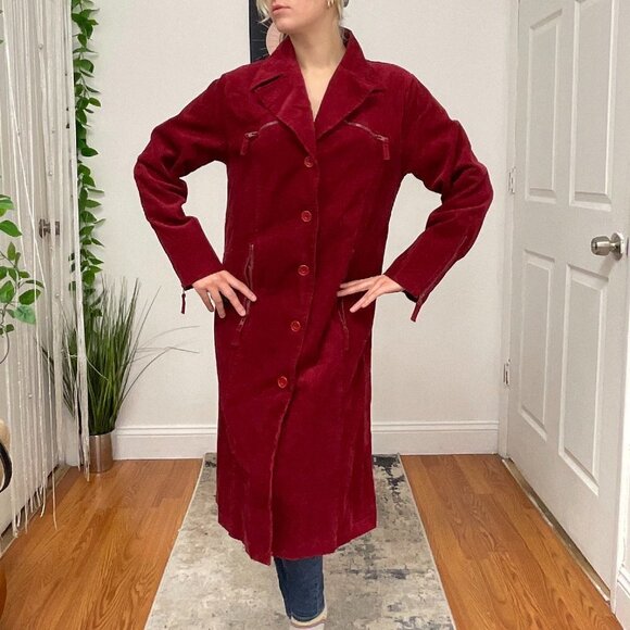 Y2K Vintage Long Sleeve Button-Up Trench Coat Zip Pocket Size XL Red - Picture 1 of 13